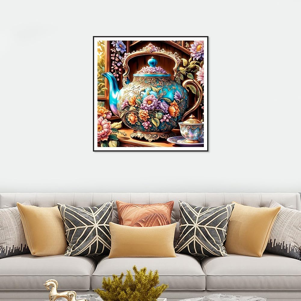 5D Colorful Teapot Diamond Art Painting Kits for Adults,Flower Diamond Art for Beginners, DIY Full Drill Teacup Diamond Art Painting(12X12 inch)