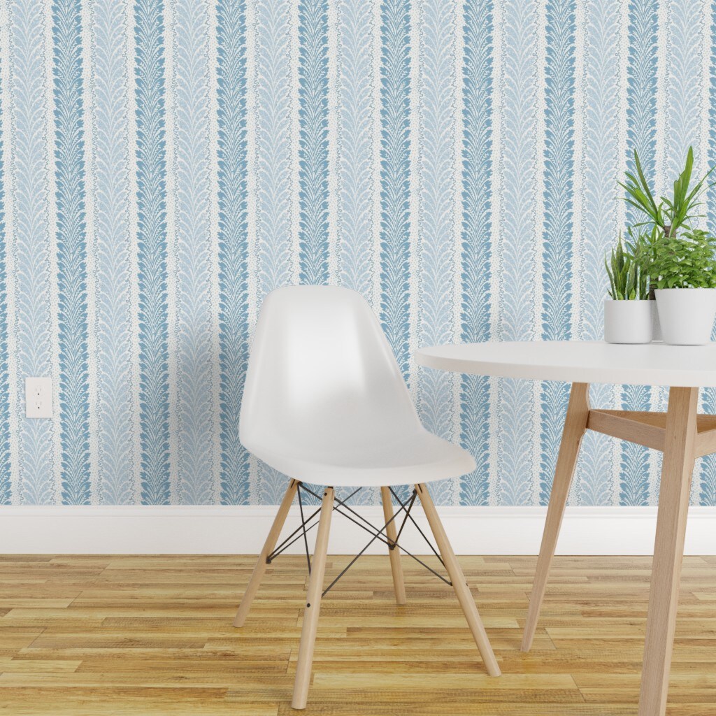 Pre-Pasted Wallpaper 2FT Wide Traditional Classic Stripe Grandmillennial Feather Dots Lines Cottage Cottagecore Timeless Blue Monochromatic Sophisticated Coastal Farmhouse Custom Pre-pasted Wallpaper by Spoonflower