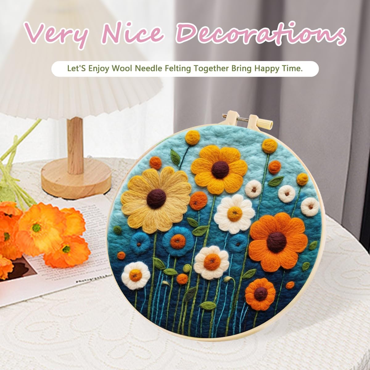 Needle Felting Kits Beginners, Natural Landscape DIY Wool Needle Felting Starter Kit, Floral Needle Felt Set with Foam Pad, Felt Cloth and Instructions, Used for Home Decoration (Blue)