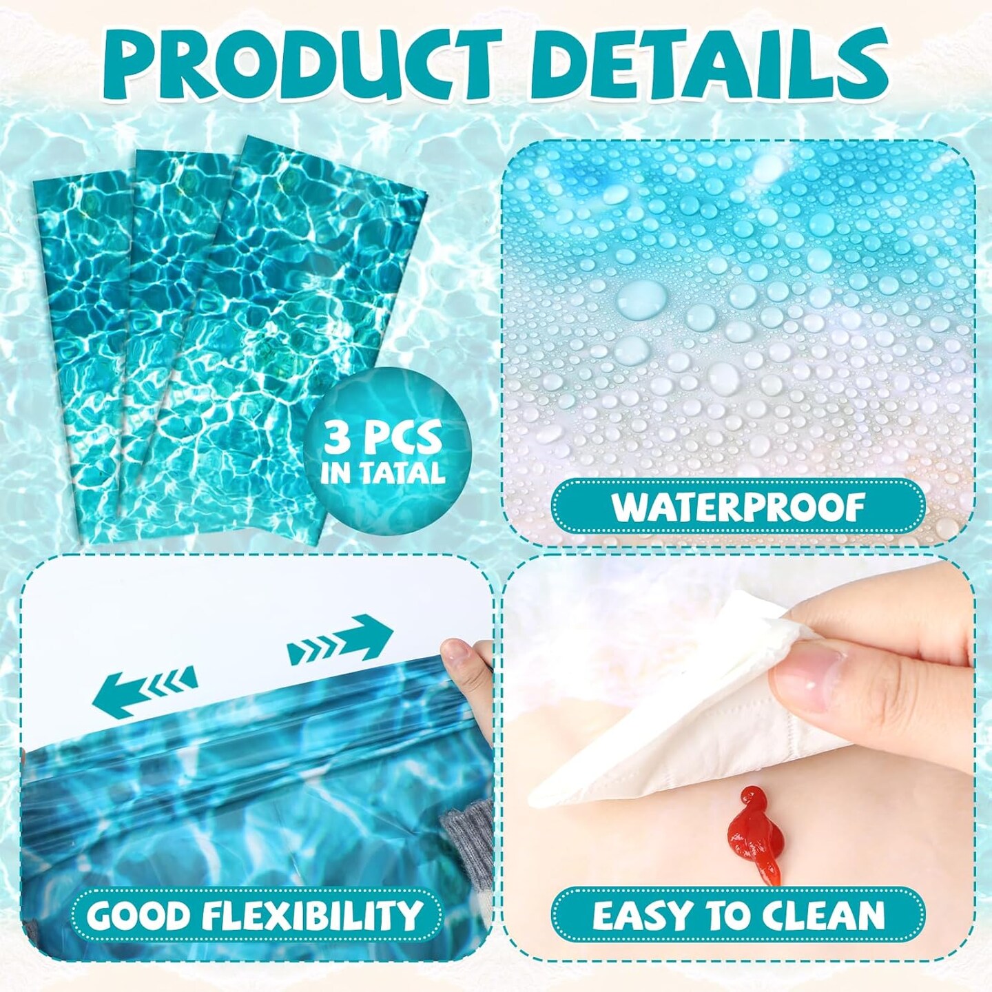 3Pcs Beach Party Birthday Decoration Summer Ocean Wave Waterproof Tablecloth (108 x 54In)