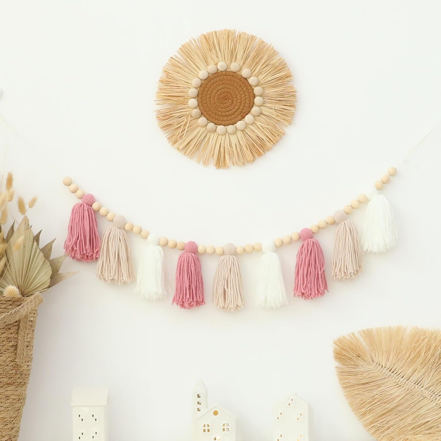 Boho Yarn Tassel Garland Pink Banner with Wood Beads