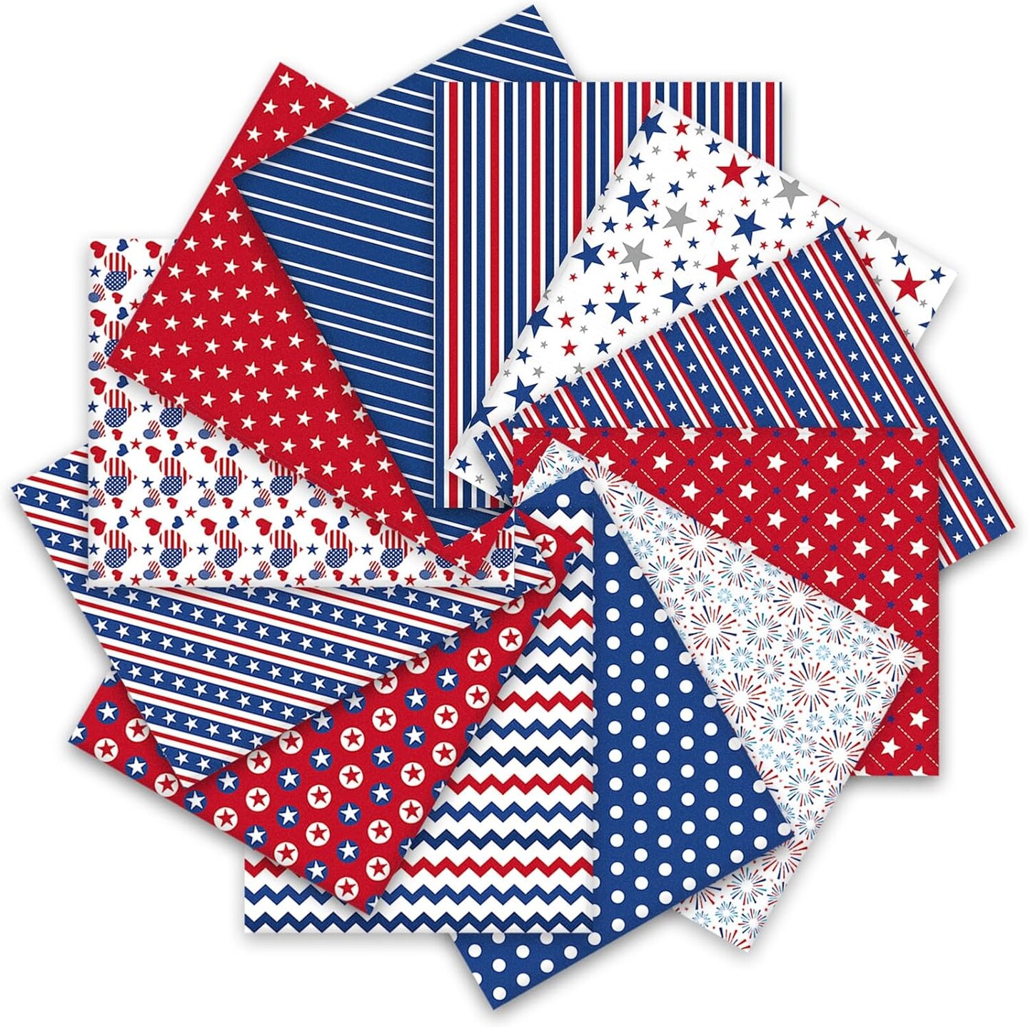 12 Pcs Patriotic Cotton Fabric Bundles 10 x 10 Inch Star Firework Fabric Squares 4th of July Sewing Fabrics for 250th Anniversary Independence Day Party Decor DIY Crafts