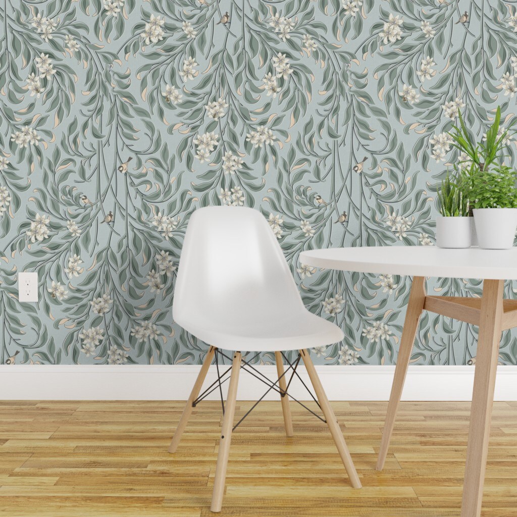 Peel & Stick Wallpaper 2FT Wide Blue Botanical Bird Traditional Pastel Vines White Floral Arts And Crafts Historical Timeless Custom Removable Wallpaper by Spoonflower