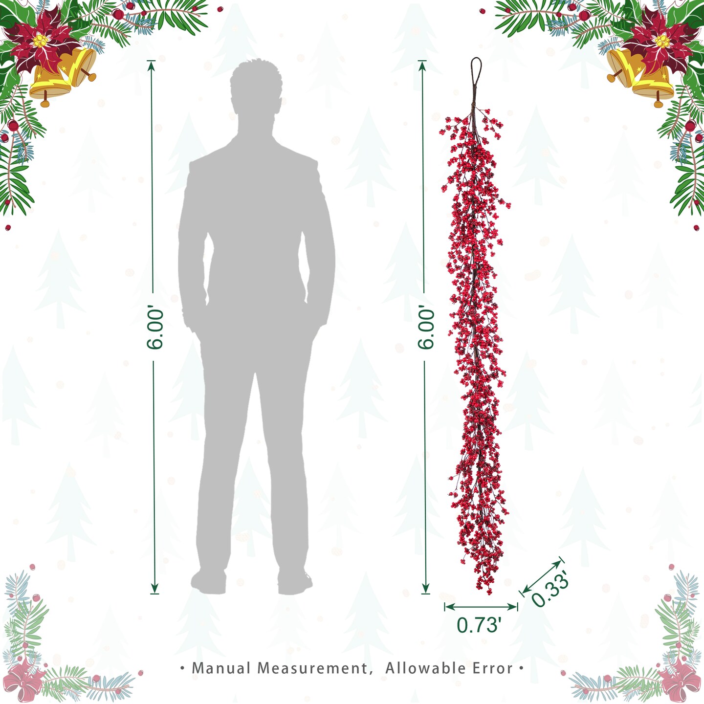 Set of 5 Christmas Red Berries 41"H Porch Tree & 6ft Garland & 25"D/14"D Wreath Set