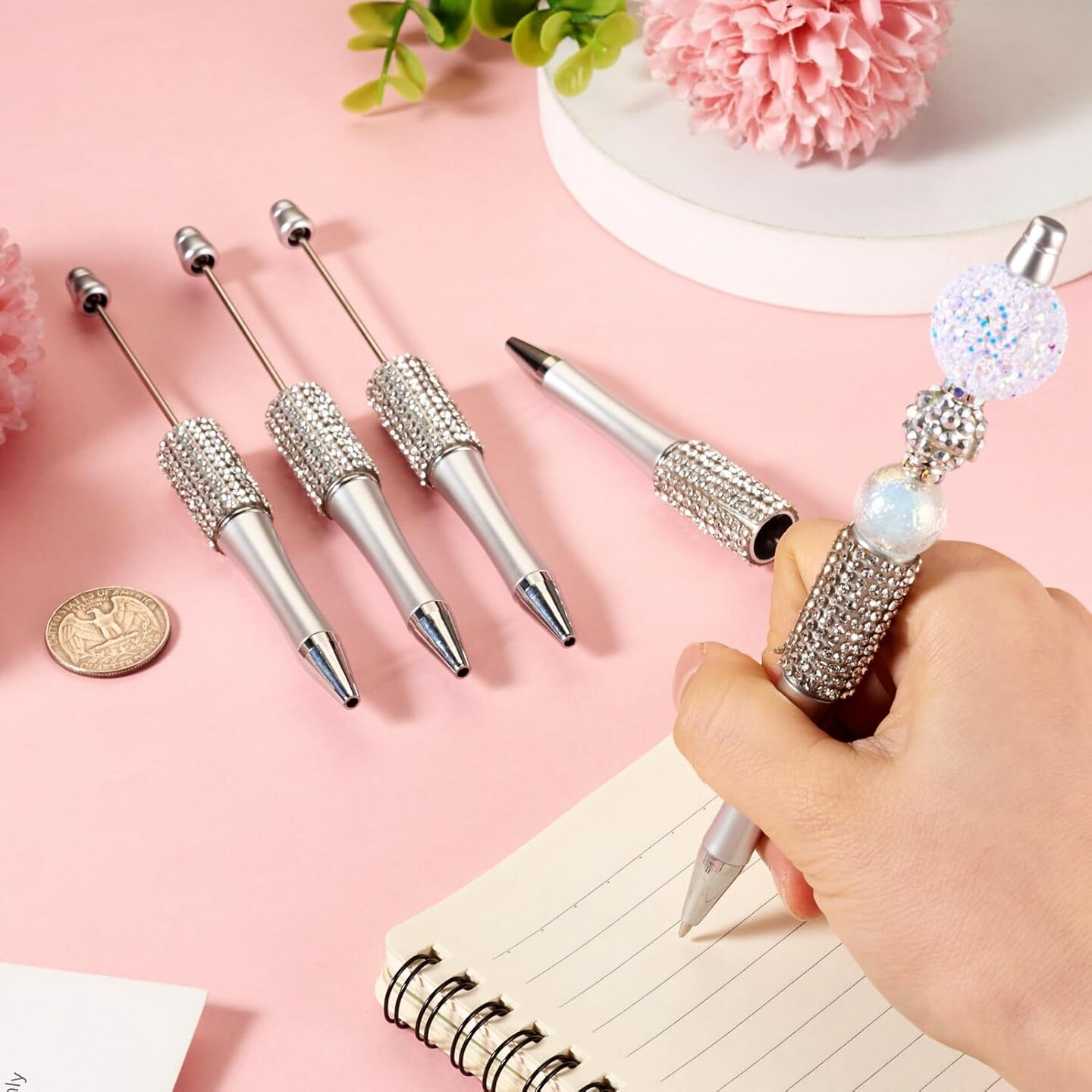 10PCS Diamond Beadable Pens – Silver Rhinestone Crystal Ballpoint Pens with Black Ink, DIY Beaded Plastic Pens for Crafts, Office, School & Personalized Gifts