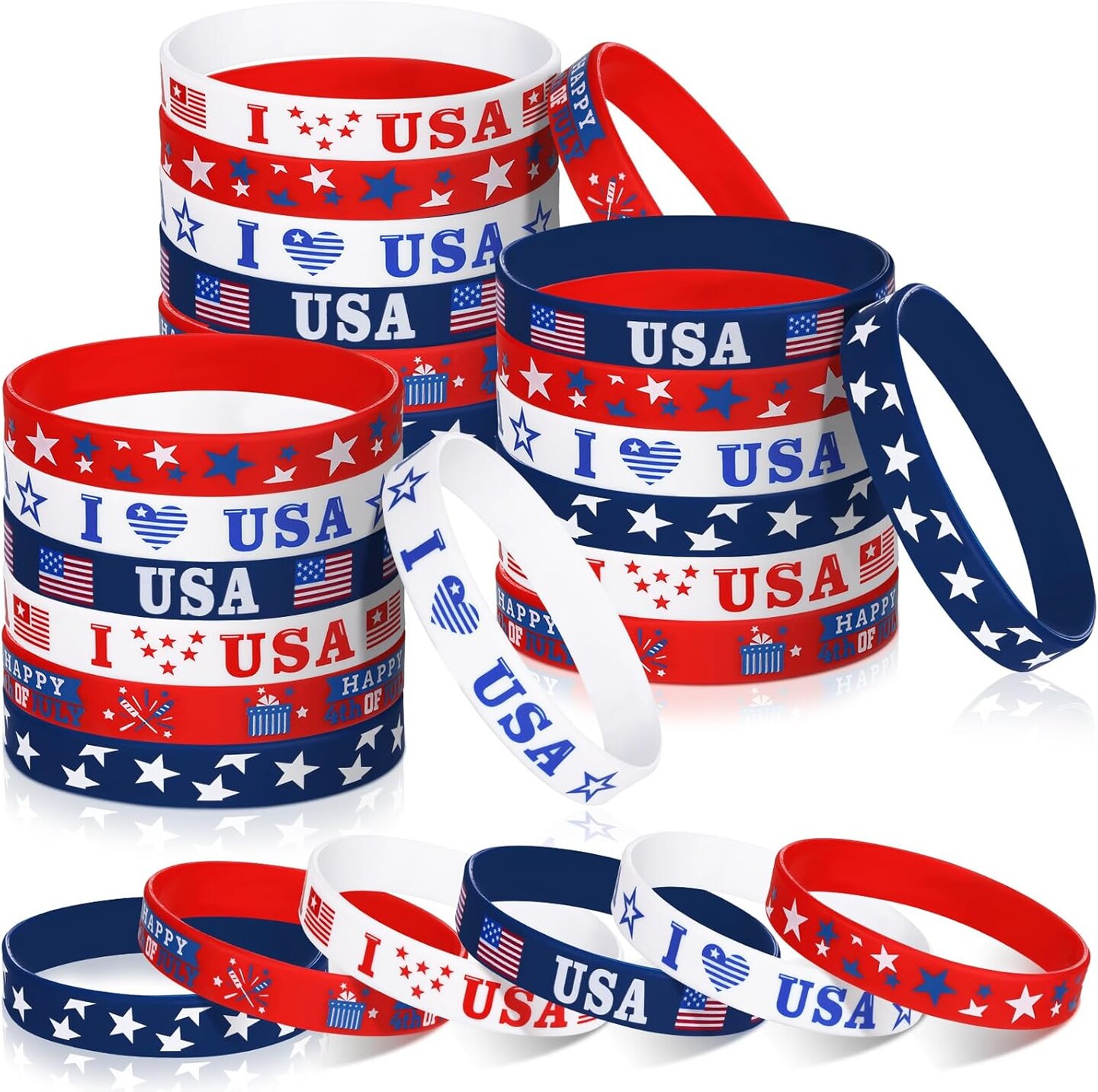 60 Pcs 4th of July Patriotic Bracelets USA American Flag Red White and Blue Star Silicone Bracelets Memorial Day Rubber Wristband for 250th Anniversary Independence Day Party Favors