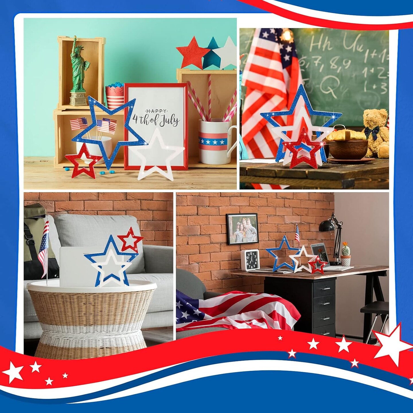 3 Pieces 4th of July Wooden Star Signs Patriotic Decoration Red, White and Blue with Glitter for Table Decor