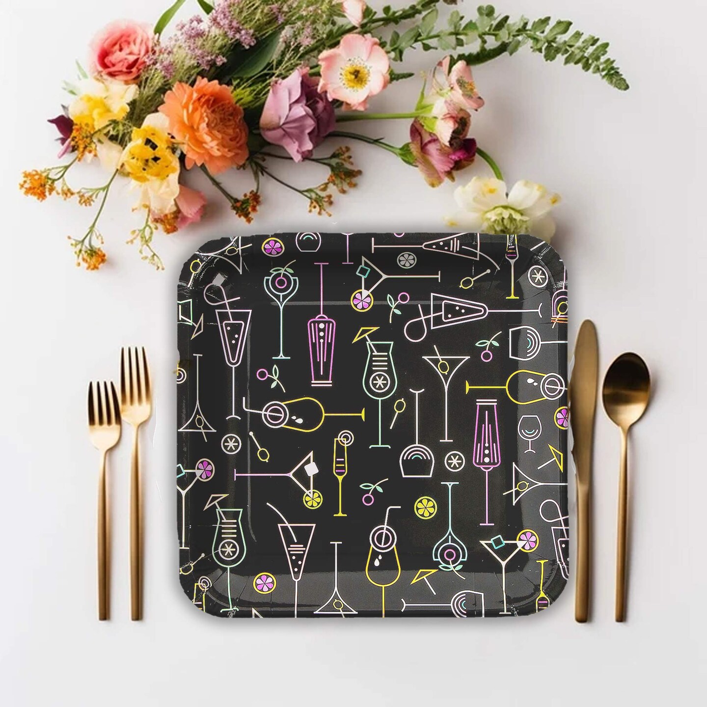 8 Ct. Cocktail Party Square Paper Dinner Plates Neon Drink Design 9 Inch