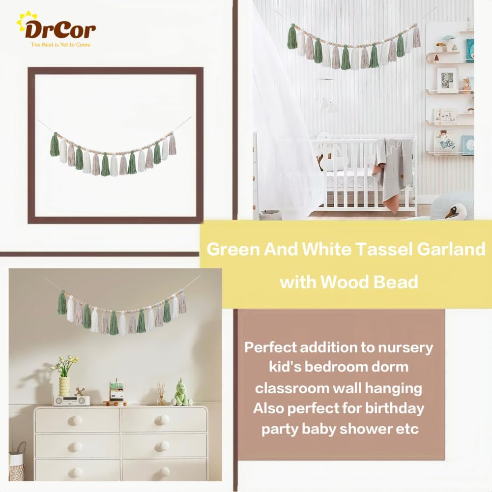 Sage Green Tassel Garland – Boho Farmhouse Yarn Fringe Wall Hanging(Green)