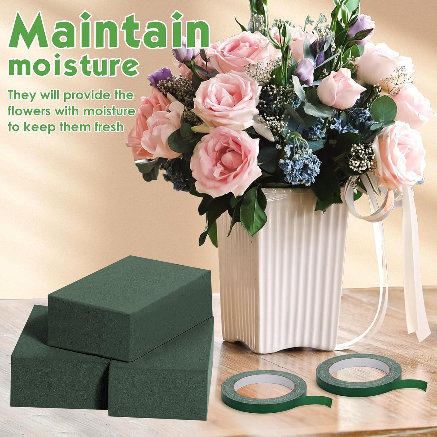 10 Pcs Green Floral Foam Blocks with 2 Rolls