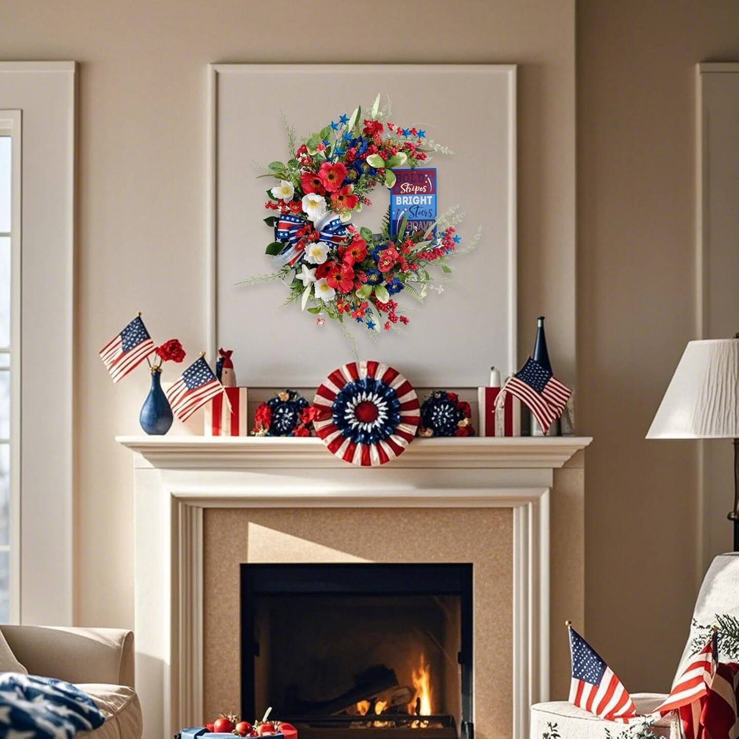 Handcrafted Patriotic Wreath for Front Door - 4th of July Wreath with Silk Poppies