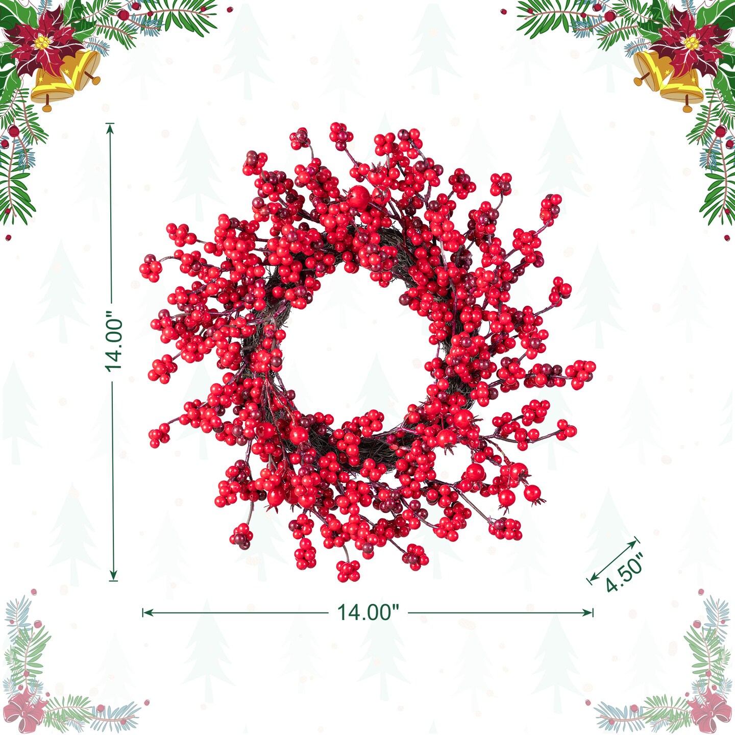 Set of 5 Christmas Red Berries 41&#x22;H Porch Tree &#x26; 6ft Garland &#x26; 25&#x22;D/14&#x22;D Wreath Set