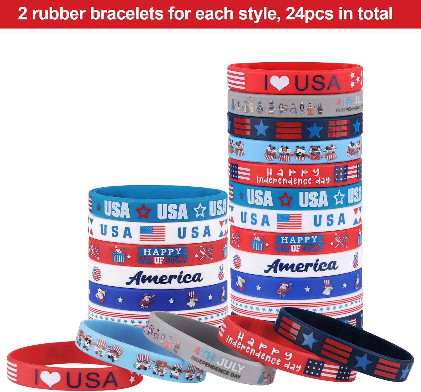 48Pcs 4th of July Party Favors Patriotic Decorations American Flag Slap Bracelets Rubber Wristbands