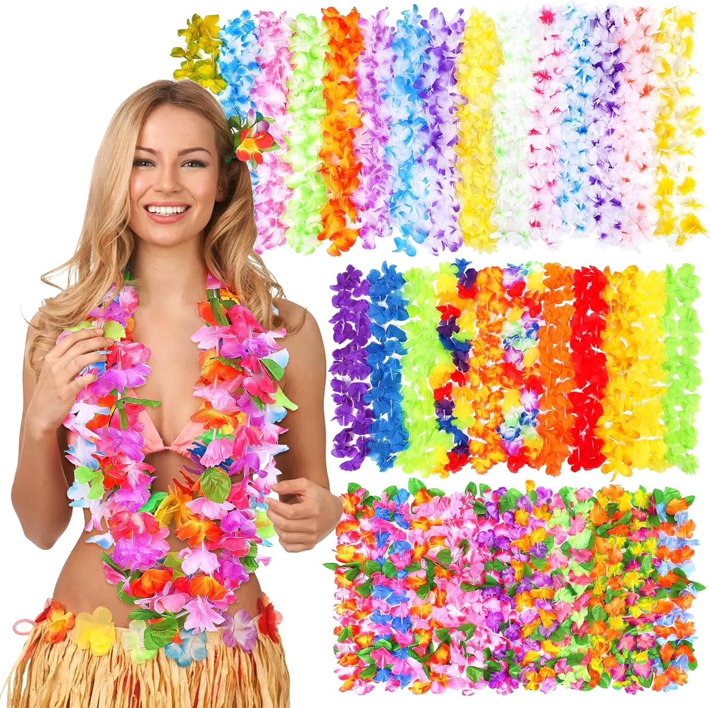 Hawaiian Leis for Luau Party, 36PCS Tropical Flower Lei for Summer Party Supplies