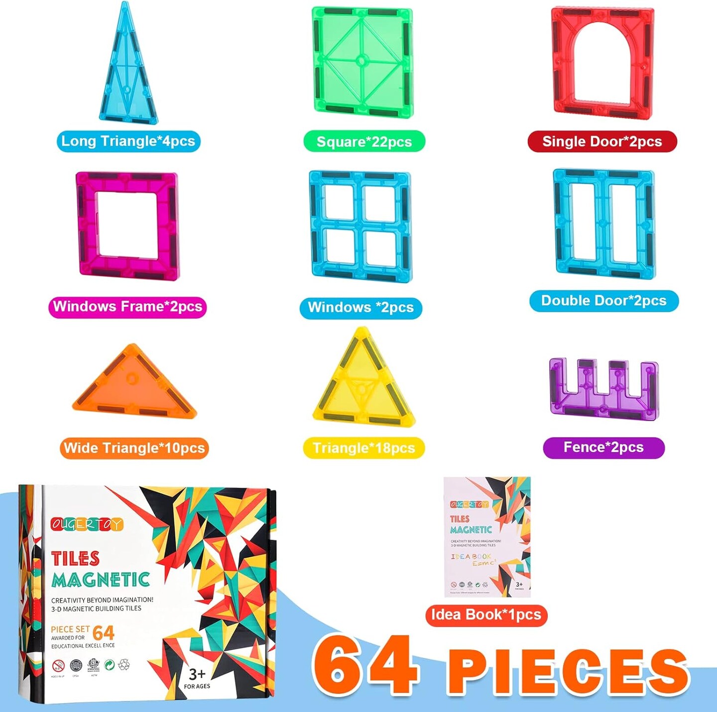 64 PCS Magnetic Building Tiles Toys