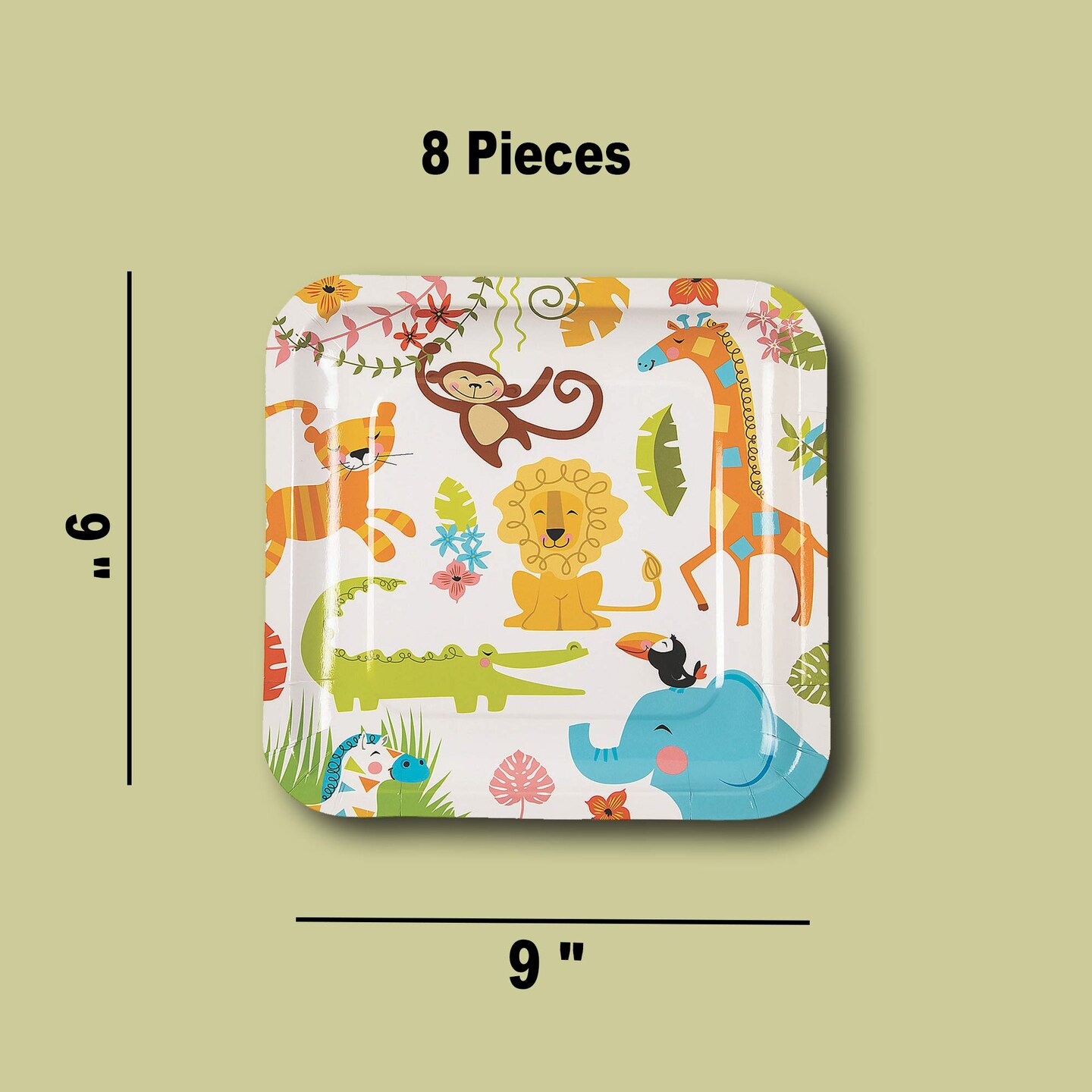 8 Count Jungle Animal Square Paper Dinner Plates 9 Inch Baby Shower Tableware