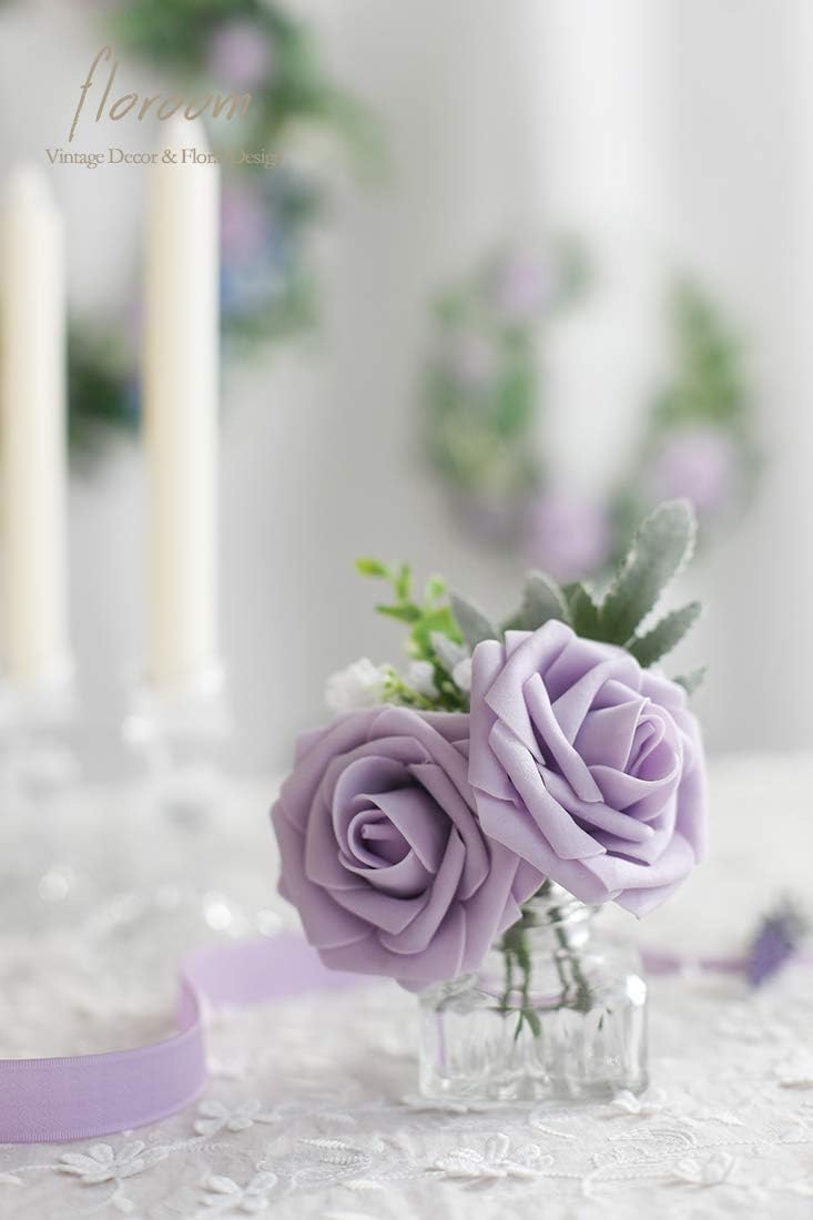 25pcs 3" Artificial Lavender Ombre Foam Roses with Stems for Tabletop Decor (Shades of Lavender)