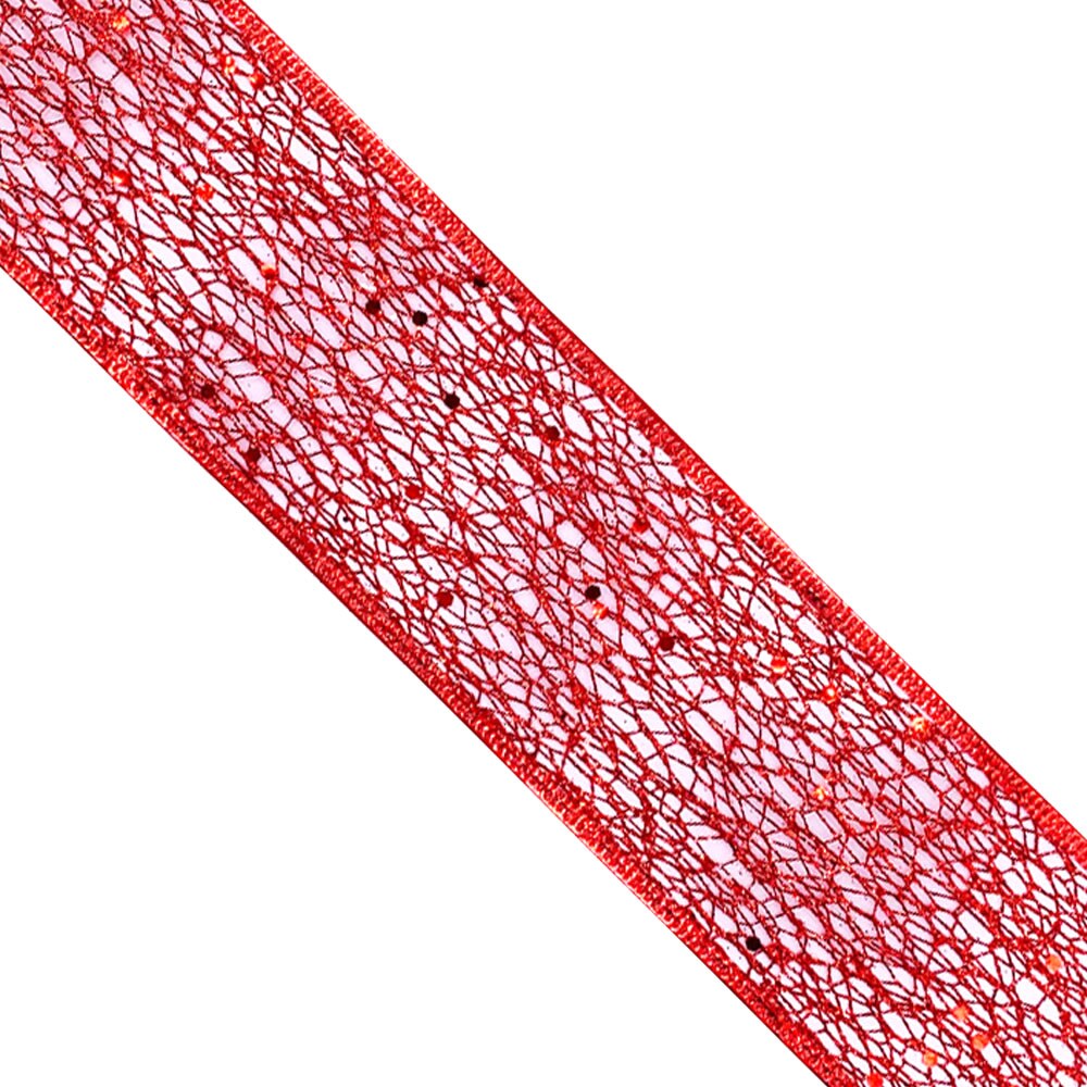 Designer’s Shop WR 63-5114 2.5” x 10 yard Holiday Metallic Red Sparking Glitter Mesh wired edge ribbons