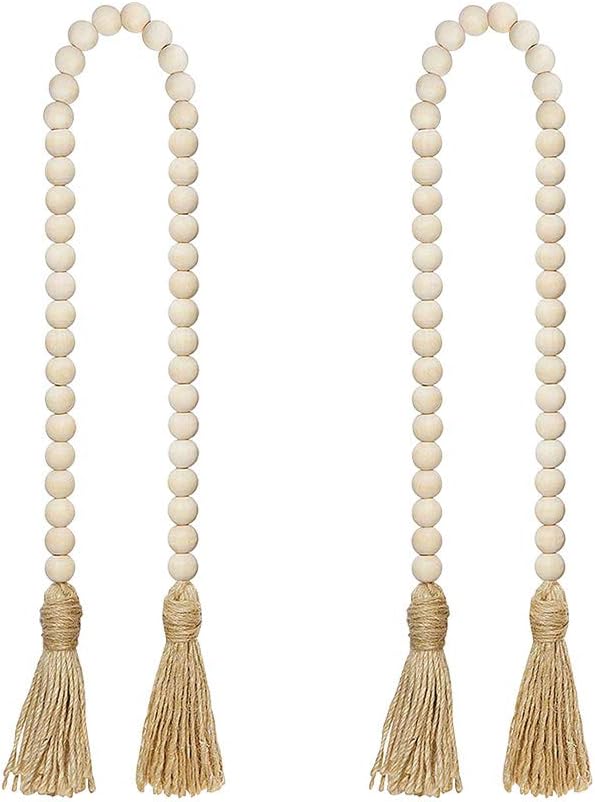Wood Bead Garland with Jute Tassels, 32” Wooden Beads Garland(2Pcs)