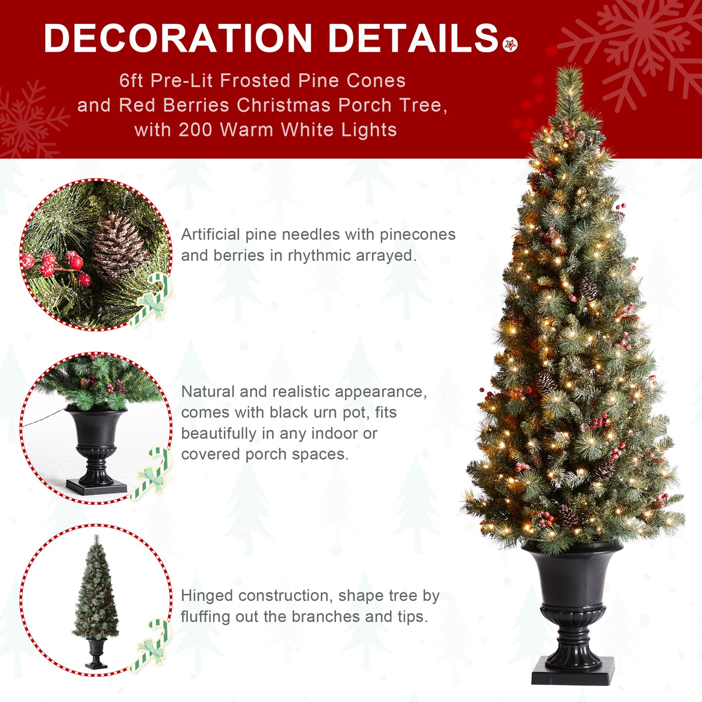 Set of 2/3 4ft/5ft/6ft Flocked Pinecone Christmas Potted Porch Tree With Warm White Lights