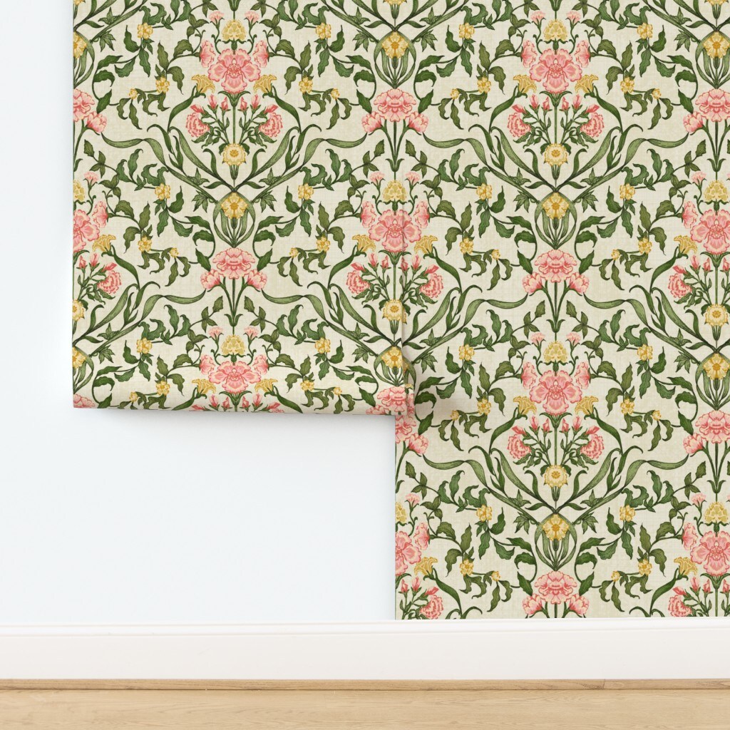 Floral Pink Green Botanical Hand Drawn Flowers Traditional Damask Cottagecore Farmhouse Custom Removable Wallpaper by Spoonflower Peel & Stick Wallpaper 2FT Wide