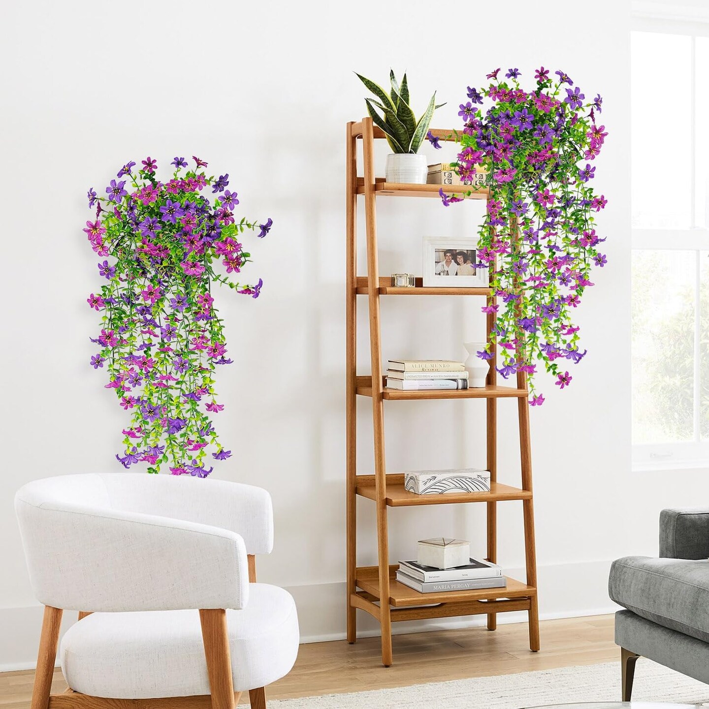 Artificial Hanging Flowers for Outdoors, 2 Pcs Fake Silk Daisy Flowers Decor (Double Purple)