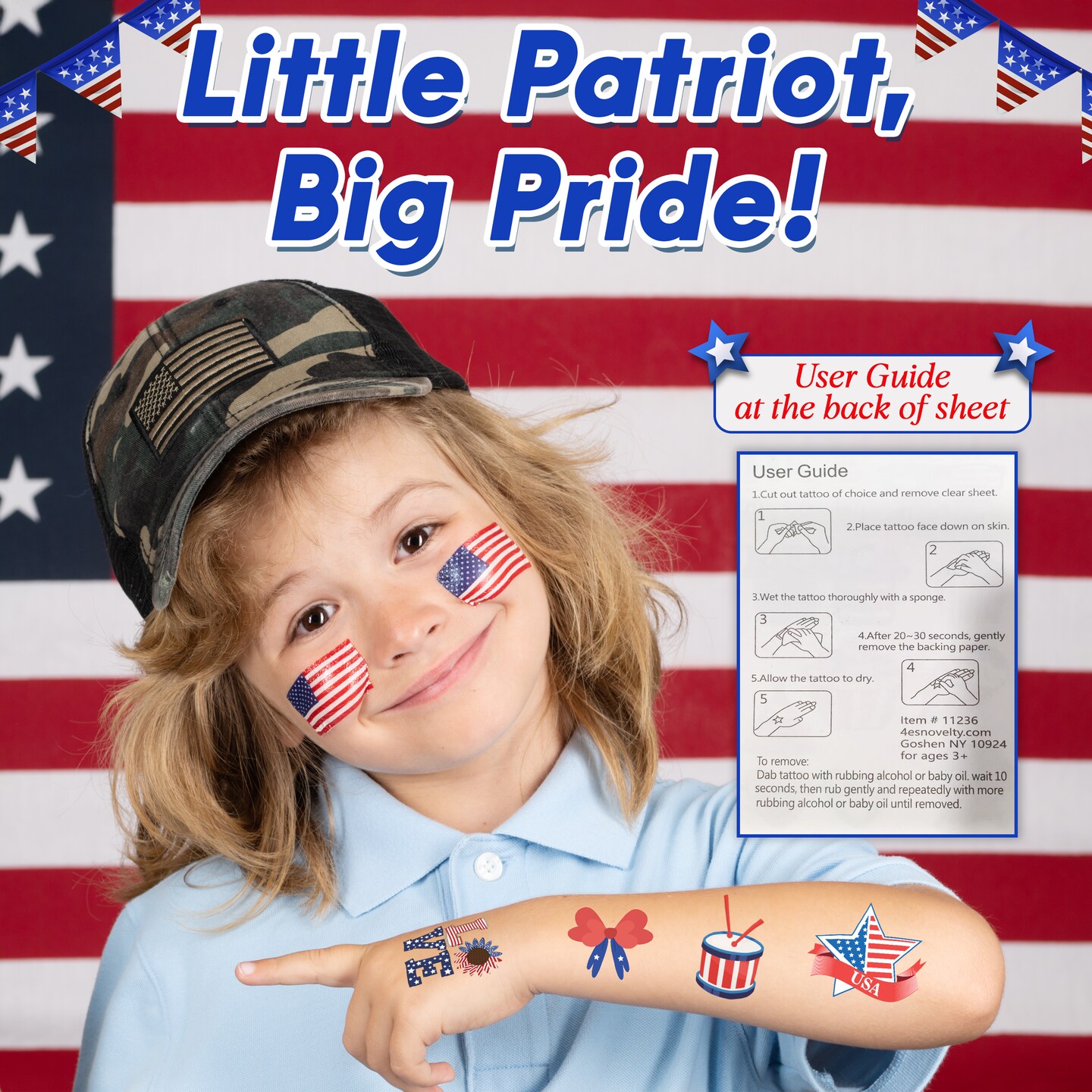 4E&#x2019;s Novelty Patriotic Temporary Tattoos 100 Pcs, 4th of July Tattoos for Kids, American Flag Temporary Tattoos, Waterproof Fake Tattoos for Independence Day Party Supplies, Memorial Day Decorations