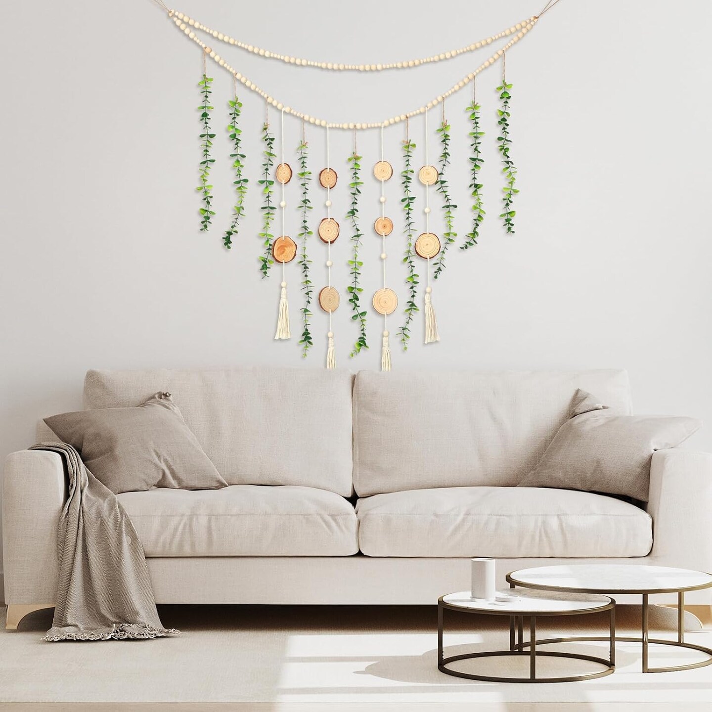 Hanging Eucalyptus Boho Wall Decor 36 x 36 Boho Wall Hanging Wooden Bead Garland