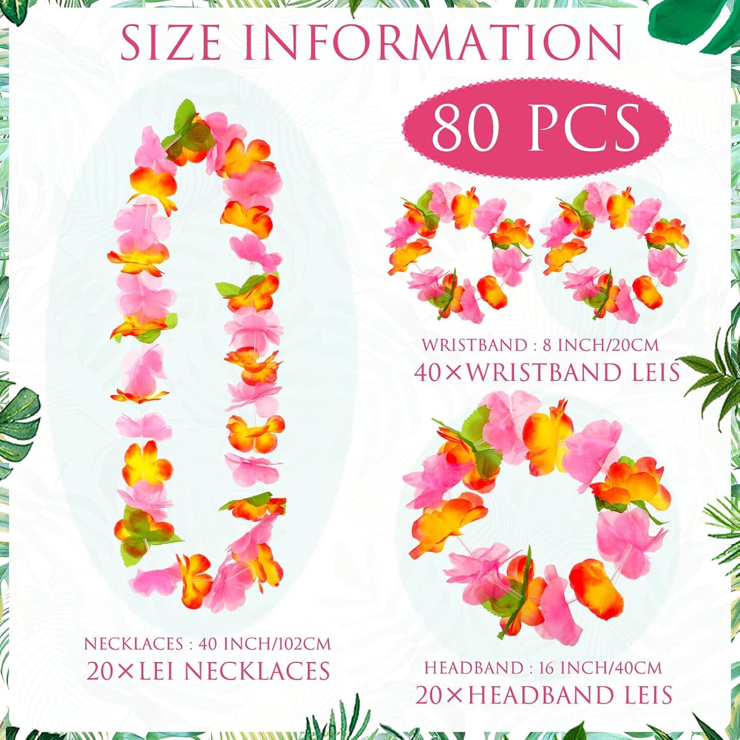 80 Pcs Hawaiian Leis for Luau Party Hawaiian Flower Lei Necklaces Bracelets Headbands Supplies Decorations(Orange and Pink)