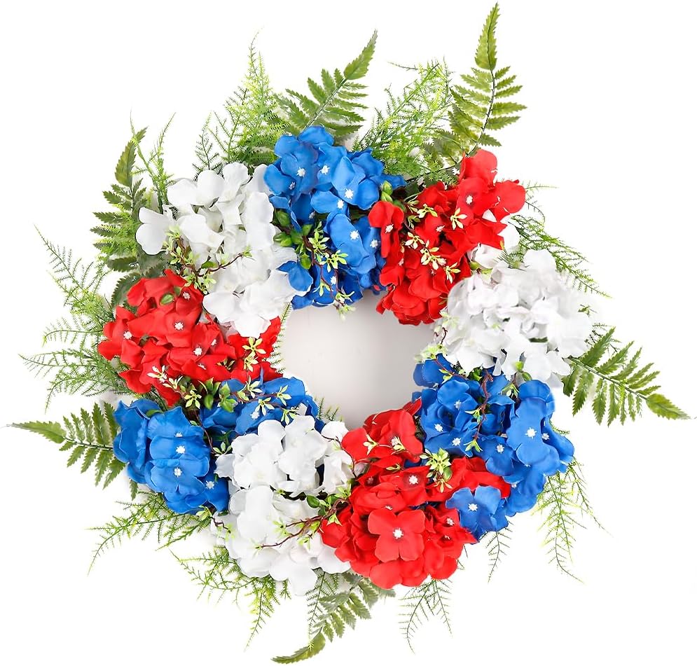 Patriotic Wreath Decorations for Front Door, 20 Inch Red White Blue Hydrangea 4th of July Independence Day Wreaths