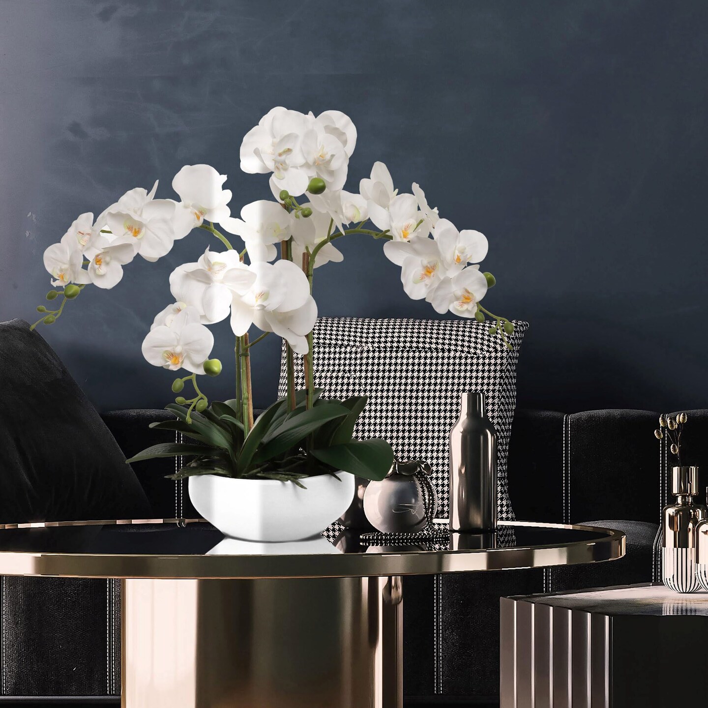 Set of 2 White Orchid Plants | 20" Realistic Phalaenopsis in Modern White Round Pots – Indoor Arrangement for Any Room