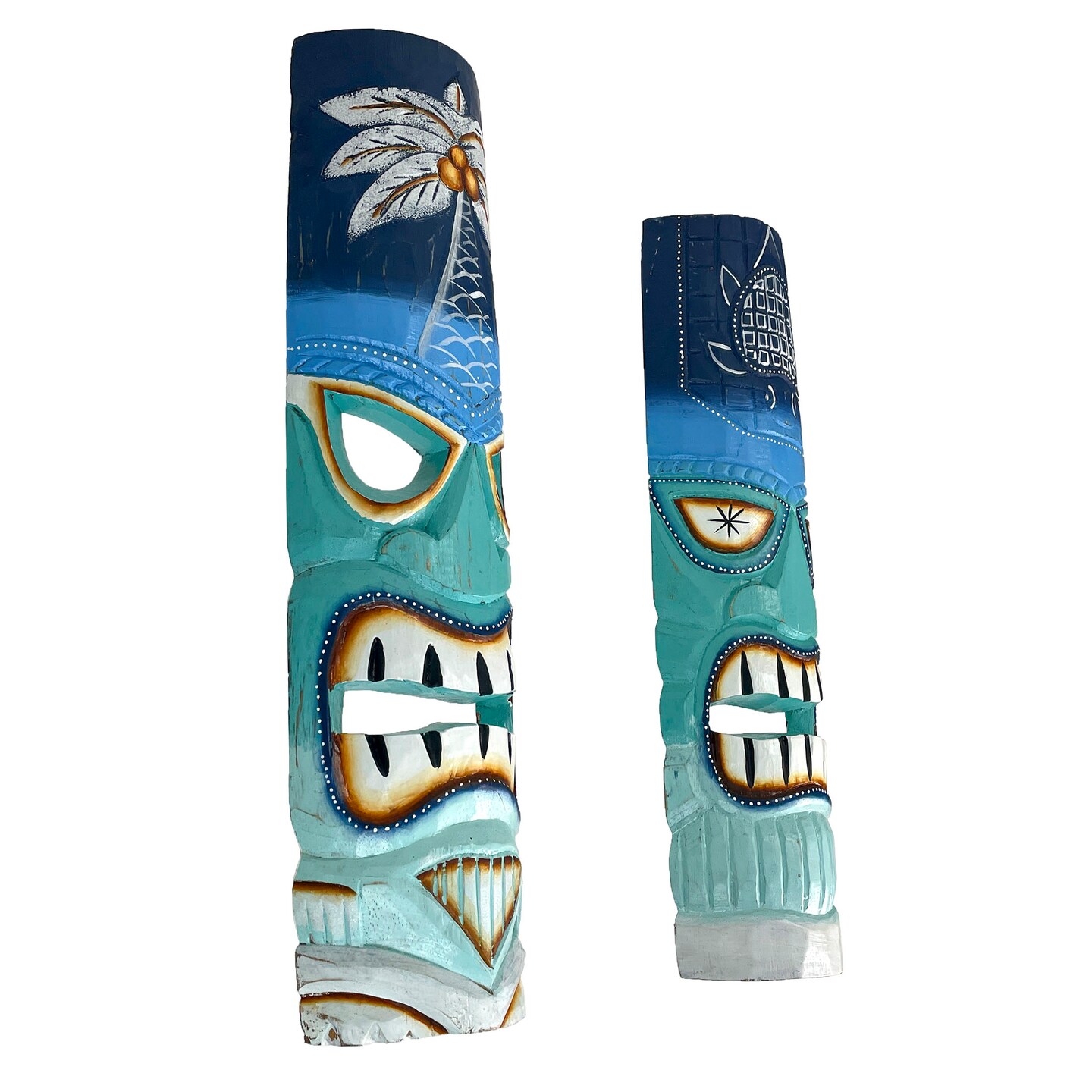 Set of 2 - Tiki Masks Hand-Carved Wood Wall Decor Indoor/Outdoor