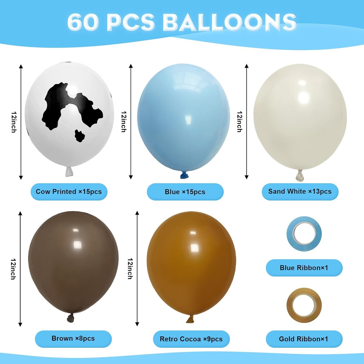 Cow Print Balloons Set, 12Inch 60pcs Blue Brown Cow Balloons Cow Print Balloons Cow and Brown Blue Balloons(Blue Brown)