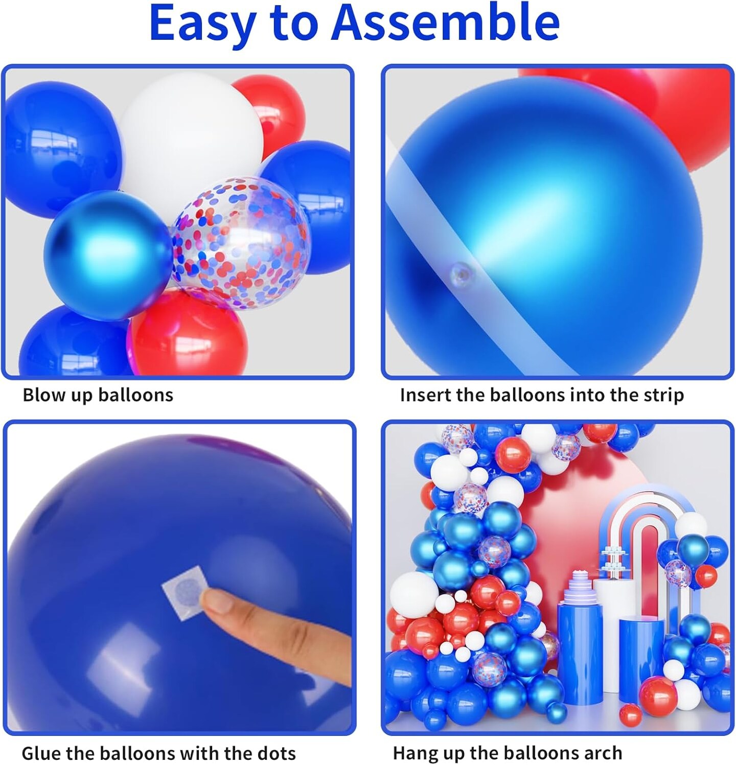 Different Size Red White and Blue Balloons Garland Arch Kit with Confetti Balloons for 4th of July