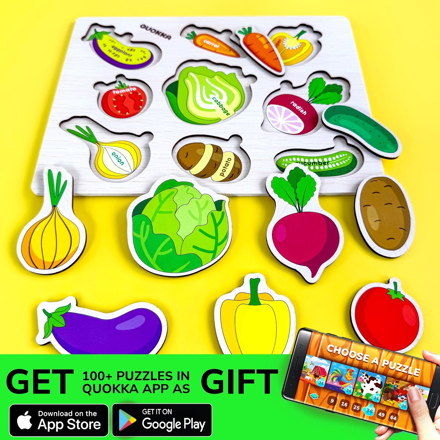 QUOKKA Wooden Puzzles for Toddlers 1-2 &#x2013; 4 Set Pegged Puzzles for Kids Ages 1-2 &#x2013; Veggies Learning Toy for Kids &#x2013; Gift Realistic Educational Game for Boy and Girl