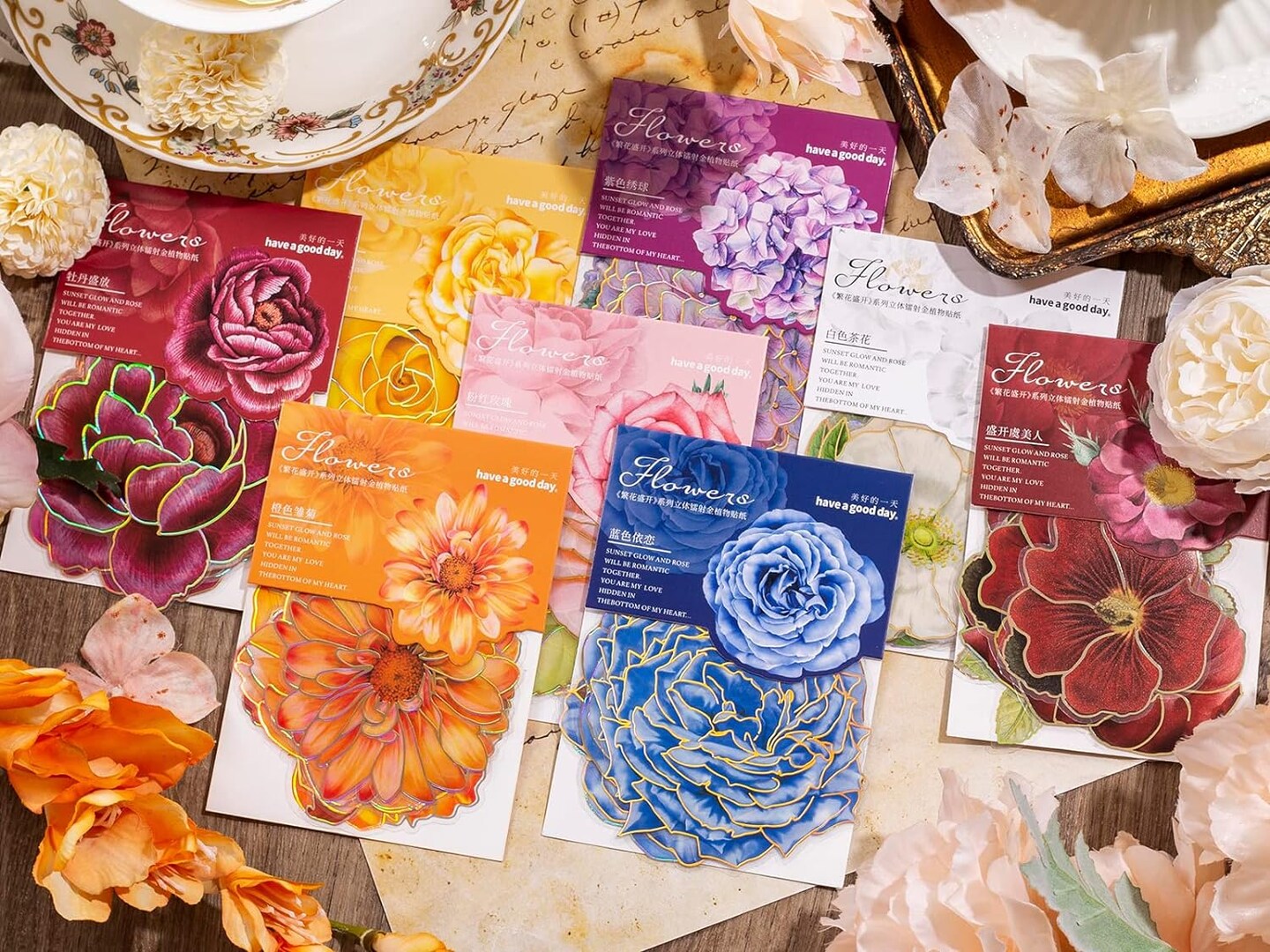 80 Pieces Large Size Flower Stickers with Gold Holographic Outlines