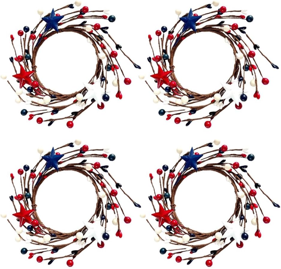 4PCS Mini Wreath Red White & Blue Star Mixed Berries & Pip Berry Candle Rings 4 inch