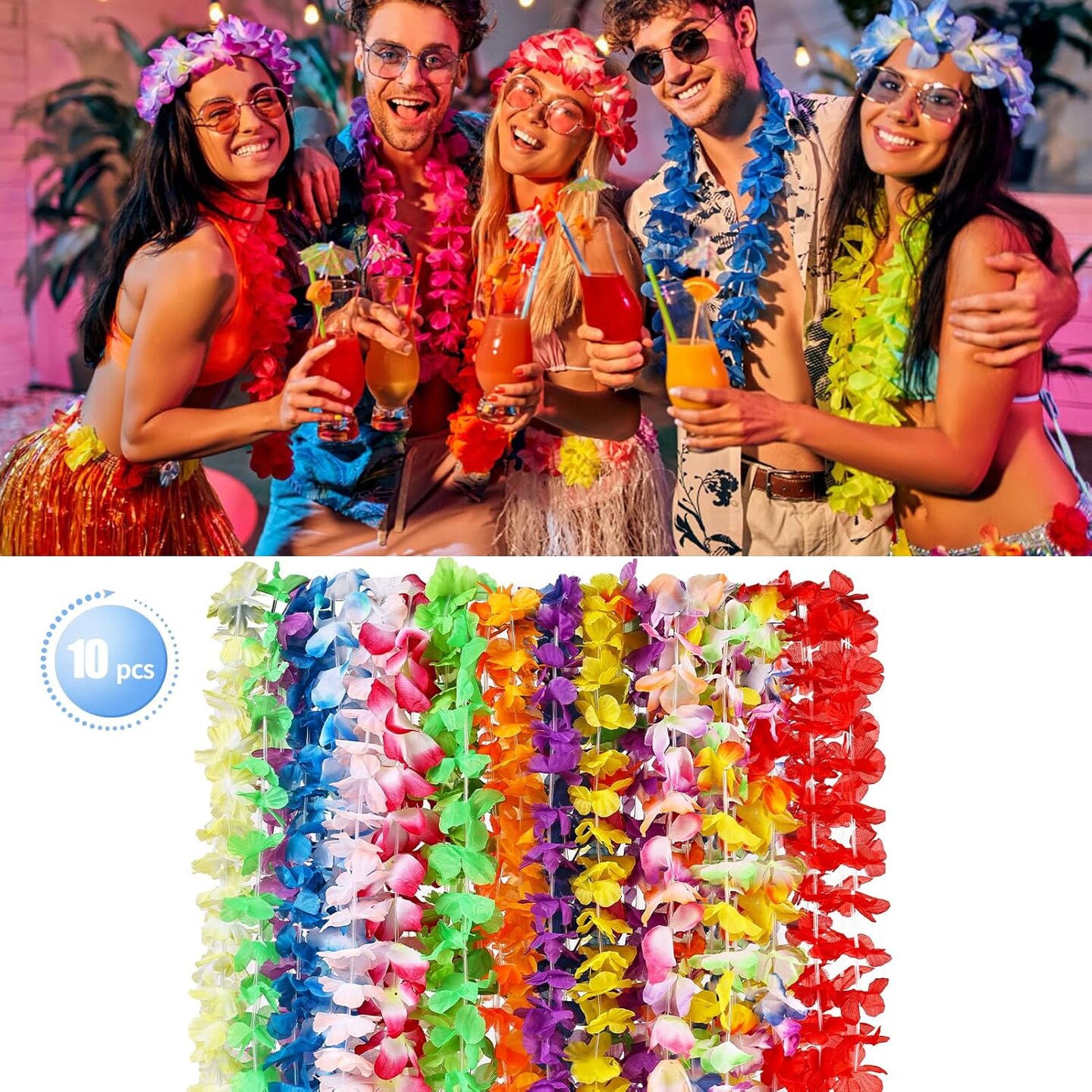 10pcs Leis for Luau Party - Colorful Hawaiian Leis Bulk Tropical Flower Lais Hawaii Decor for Summer Party Supplies