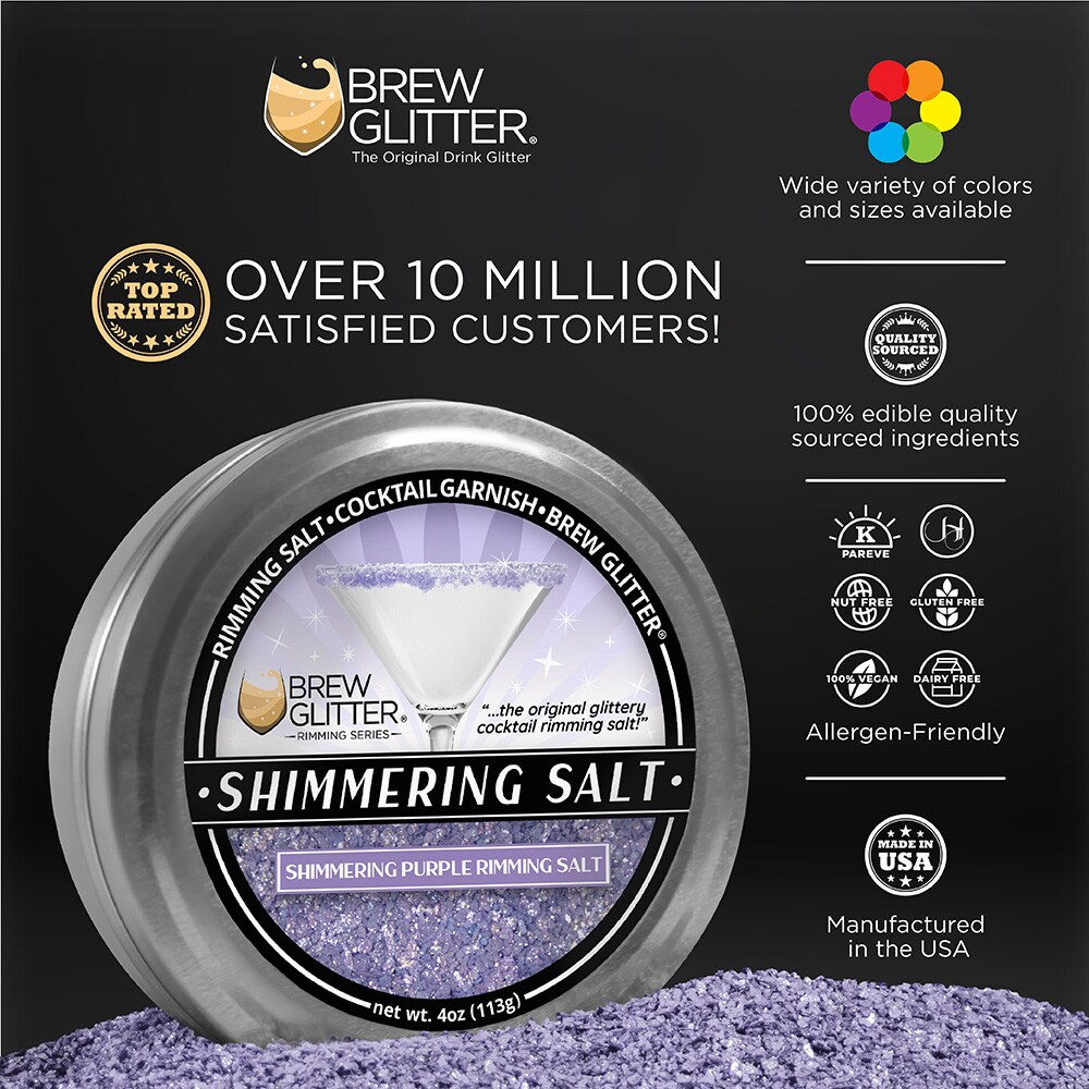 Brew Glitter - Shimmering Purple Rimming Salt (4oz, 1x Bar Tin) Edible Glitter Blended Cocktail Garnish for Mixed Drinks and Beverages