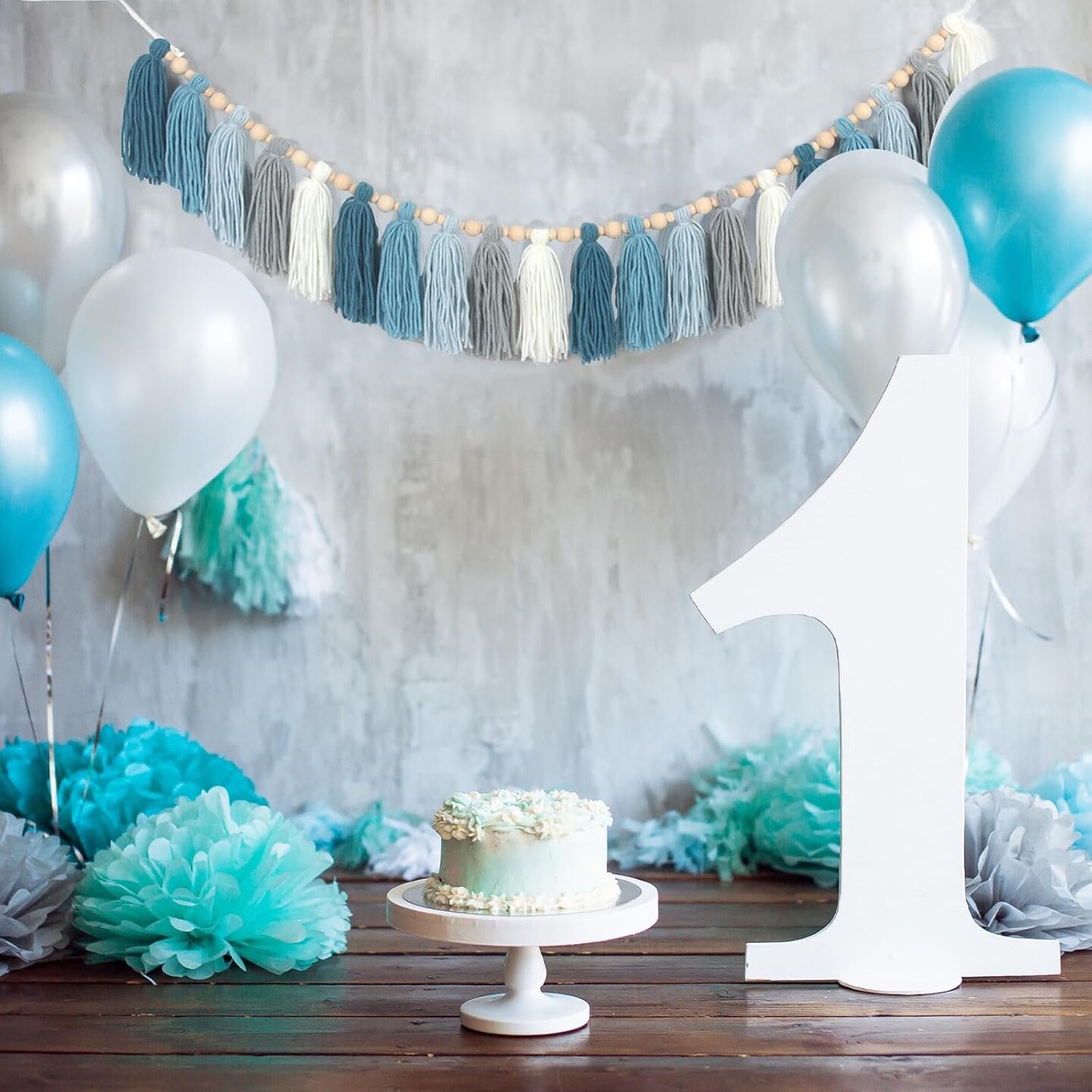 Yarn Tassel Garland with Wood Beads Boho Bunting Banner Wall Hanging(Light Blue)