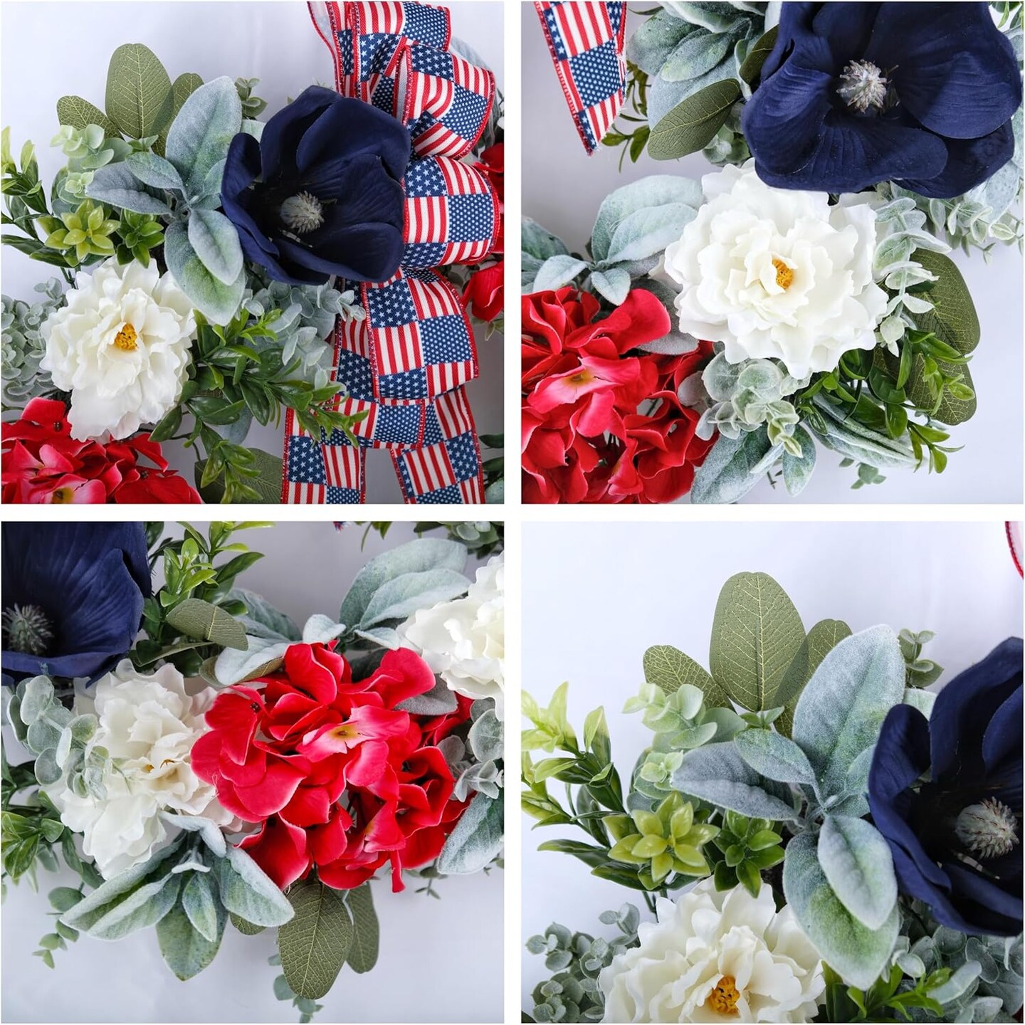 24 Inch Patriotic 4th of July Wreath for Front Door, Red White Blue Flower Summer Wreath