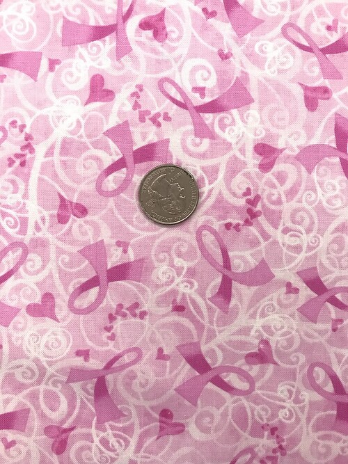 1 Yard Pink Ribbon Hearts Cotton Fabric 44&#x2013;45&#x2033; Wide Pink Breast Cancer Awareness Print