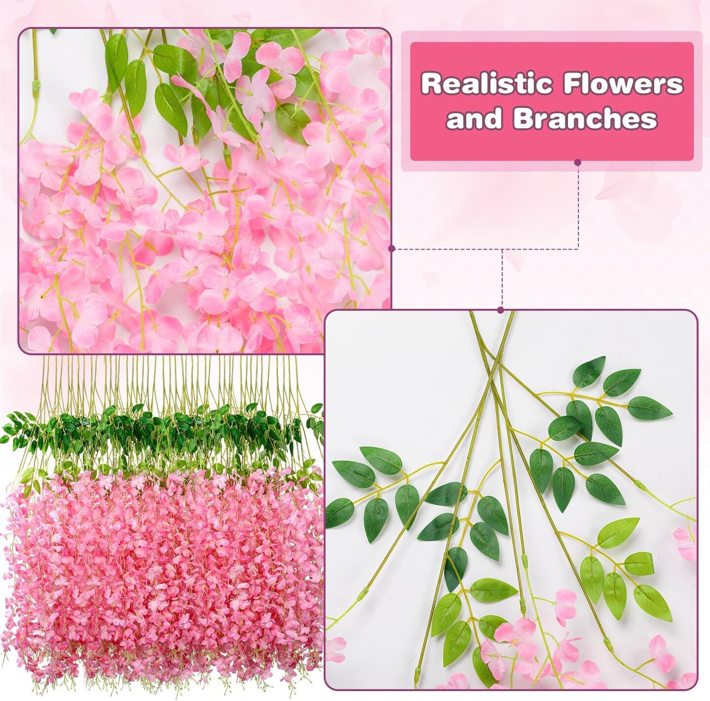 Wisteria Hanging Flowers,Fake Hanging Flowers,Wisteria artificiales Garland for Home Outdoor Decor,3.6 feet Long(50,Pink)