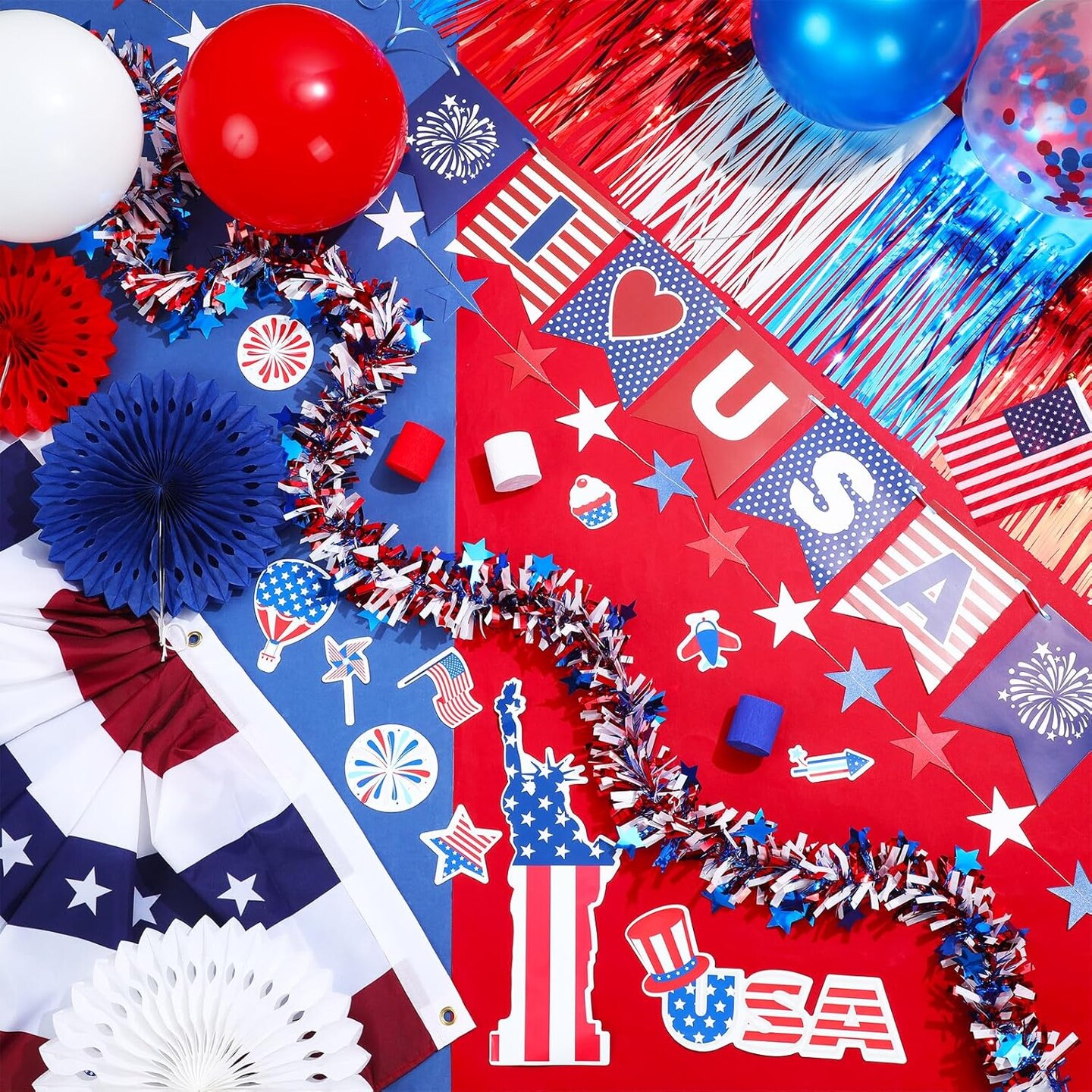 4th of July Golf Cart Decorations Kit Parade Patriotic Red White Blue Tinsel Garlands American Flag Crepe Paper Streamers Balloons Banners
