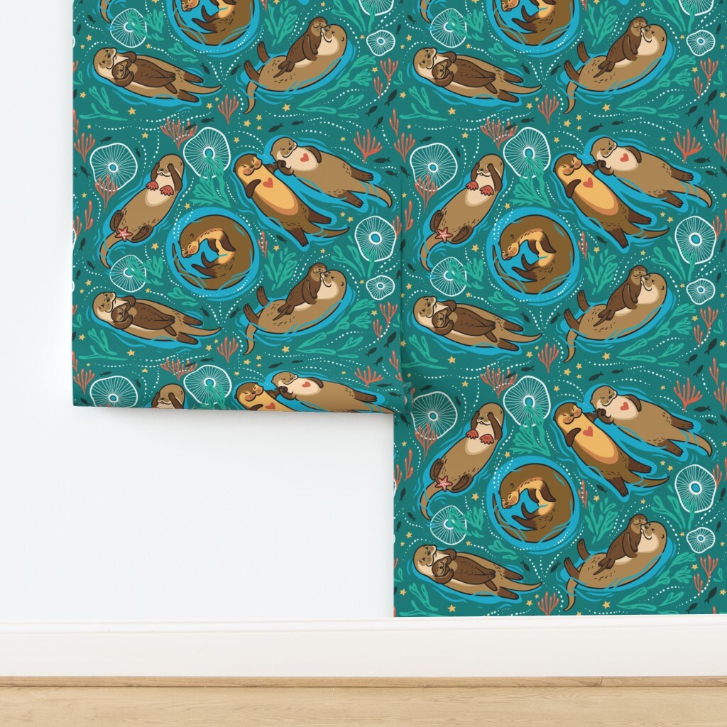 Love Otters Otter Animals Green Sea Sweet Swim Floating Couple River Water Baby Custom Removable Wallpaper by Spoonflower Peel & Stick Wallpaper 2FT Wide