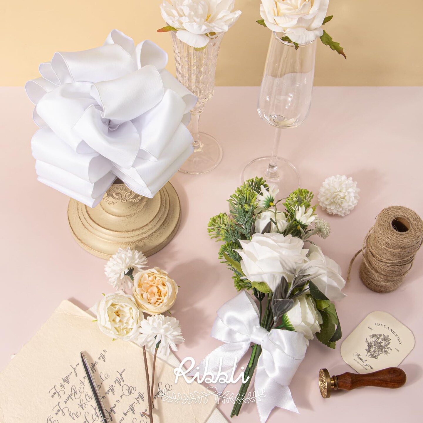 White Double Faced Satin Wired Ribbon 1.5 Inch Christmas Ribbon