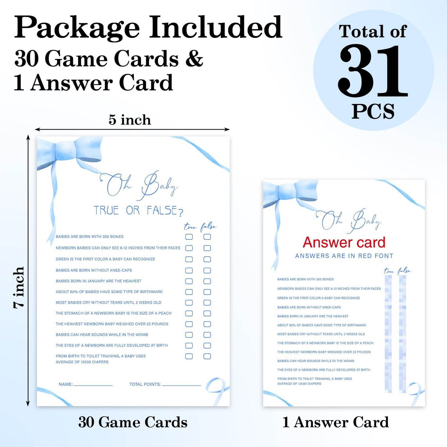 Oh Baby True Or False Game Cards, Blue Bow Baby Shower Games for Boys Gender Reveal Games Party Supplies