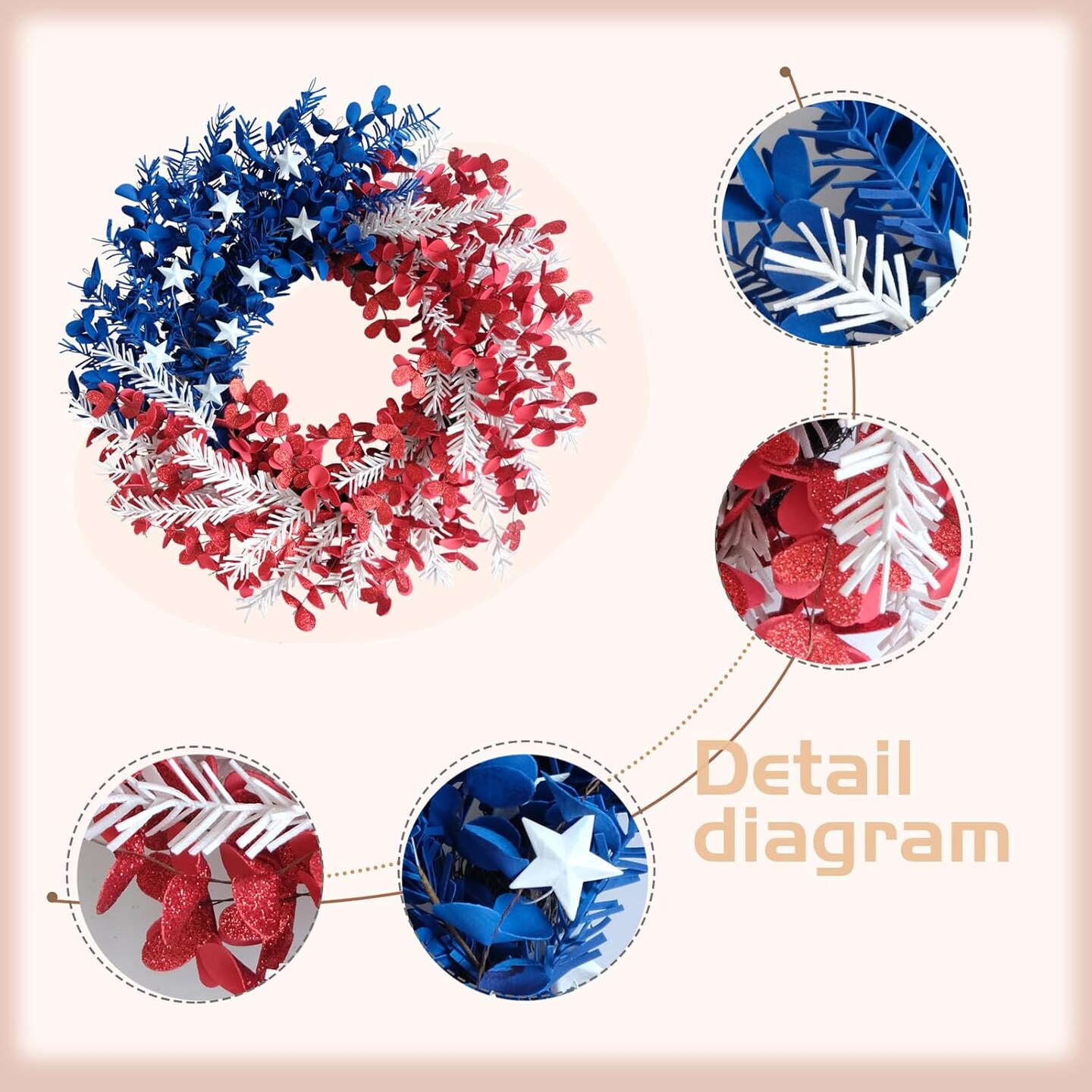 22-Inch 4th of July Wreath – Patriotic Front Door Decor with Red, White & Blue Leaves and Metal Stars – Independence Day and Memorial Day Americana Decoration