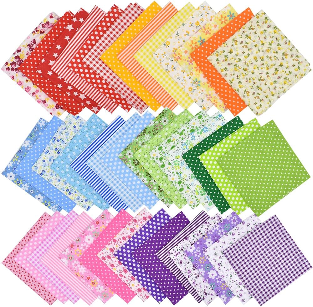 42Pcs Quilting Cotton Fabric Squares Sheets Pre-Cut (Red/Pink/Yellow/Green/Blue/Purple)
