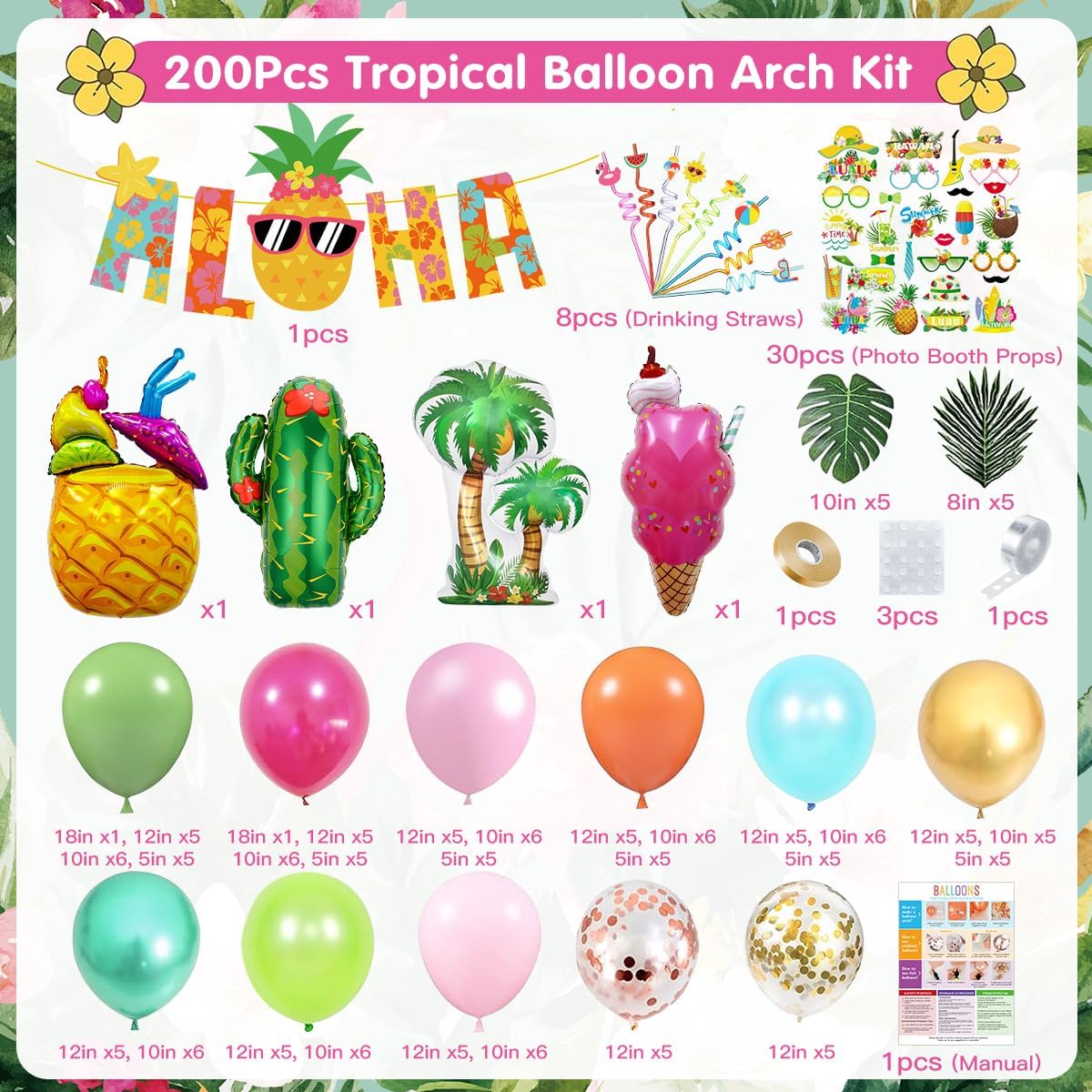 200 PCS Summer Tropical Party Decorations